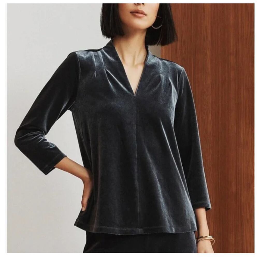 Lands End Blue V Neck Velour Blouse Size Small